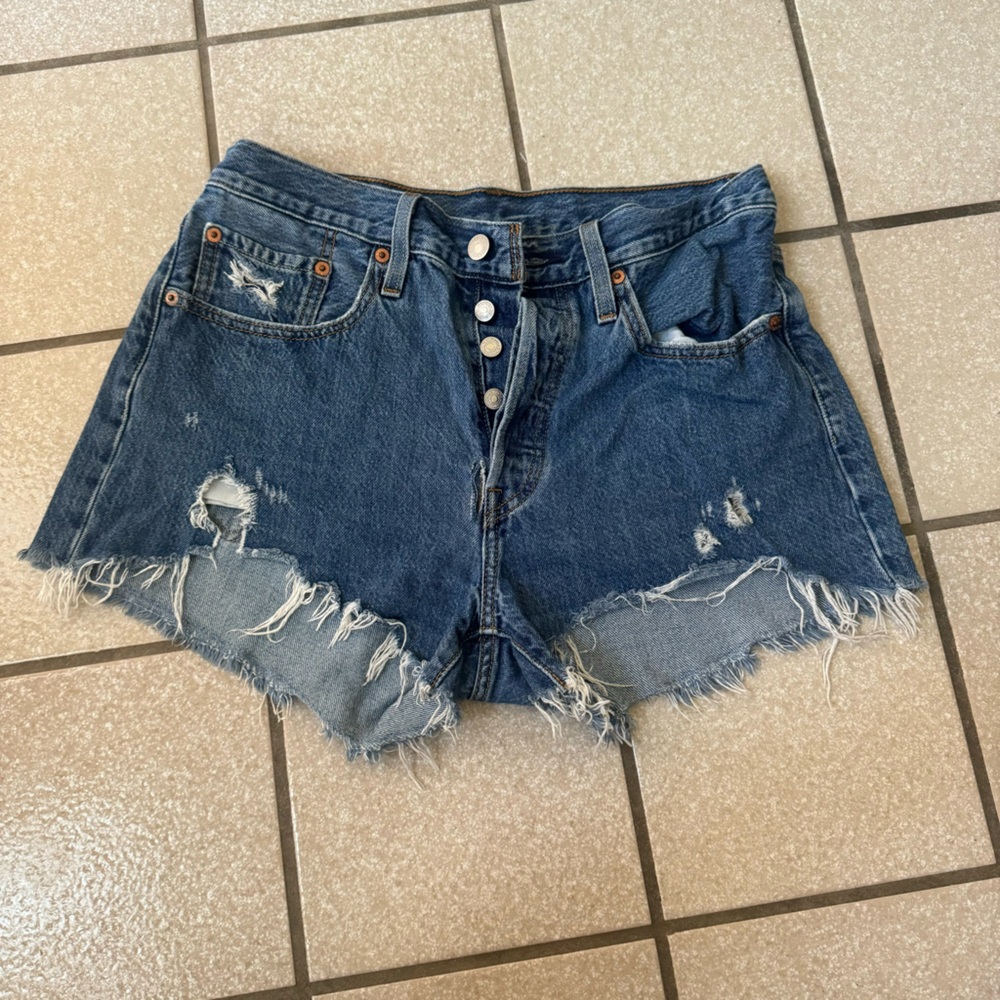 Blue High-Waisted Distressed Jean Shorts